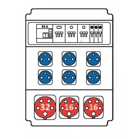 Zásuvková rozvodnice 1x3253+2x1653+6x230 V, jištěná, s chráničem
