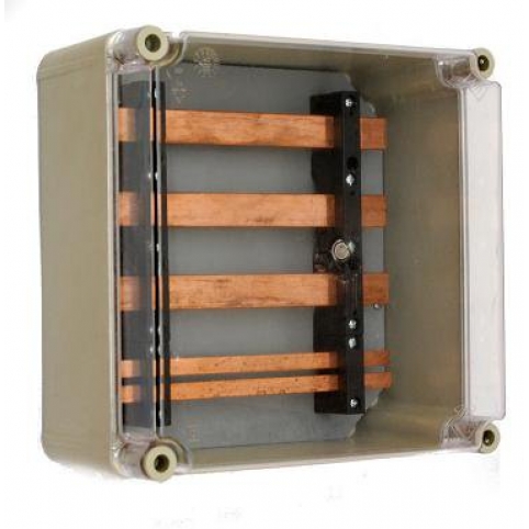 Box 300x300x170 mm, 5x Cu sběrnice - 3x 20x10 a 2x 12x5 (PE+N), transparentní víko