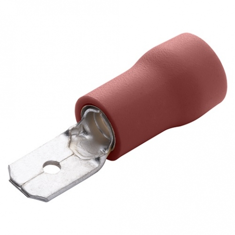 Plochý spojovací kolík s izolací - červený, 6,3x0,8 mm, průřez vodiče 0,5-1,5 mm2 