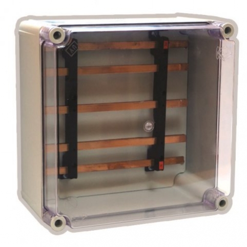 Box 300x300x170 mm, 5x Cu sběrnice - 3x 25x5 a 2x 12x5 (PE+N), transparentní víko