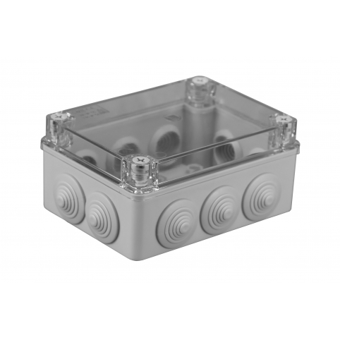 Krabice 150x110x70 mm, 10 kruhových průchodek, IP 65, transparentní víko