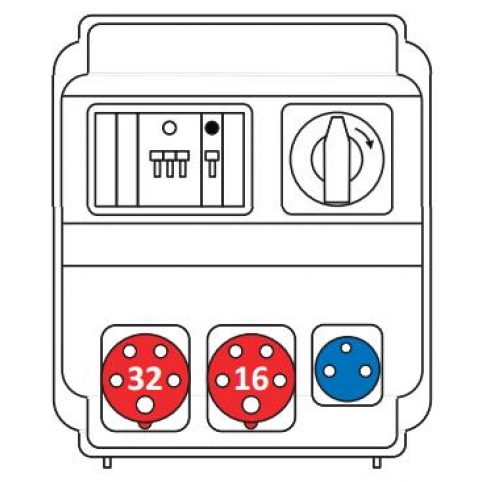 Zásuvková rozvodnice 1x3253+1x1653+1x230 V, jištěná (1xPR63 C 16A, 1xPR61 B 16A), se spínačem, IP 54