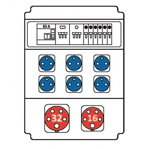 Zásuvková rozvodnice 1x3253+1x1653+6x230 V, jištěná, s chráničem