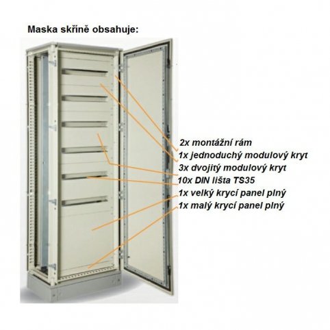 Maska skříně 2 - 1x modulární kryt malý, 3x dvojitý modulární kryt, 1x plný velký kryt, 1x malý plný kryt, 10x DIN, 2x rám