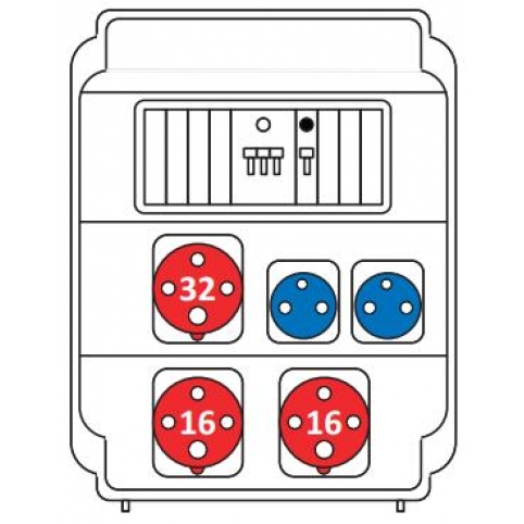 Zásuvková rozvodnice 1x3243+2x1643+2x230 V, jištěná (1x PR63 C 16A, 1x PR 61 B 16A), IP 54