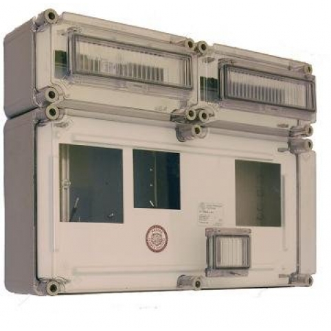 Box pro 2x jednofázový elektroměr, příprava + 4 modulové okénko (300x600x170 mm) + 2x box 12 modulů, 1x TS35 (150x300x170 mm) - nahoře - montáž na šířku, 450x600x170 mm