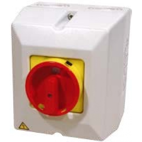 Vačkový spínač v krytu IP65, uzamykatelný na visací zámky, reverzační přepínač 10 A, 1-0-2, červeno-žlutá páčka