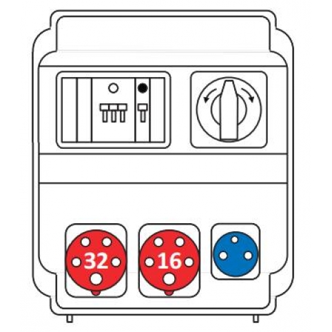 Zásuvková rozvodnice 1x3253+1x1653+1x230 V, jištěná (1xPR63 C 16A, 1xPR61 B 16A), se spínačem (reverz.), IP 54